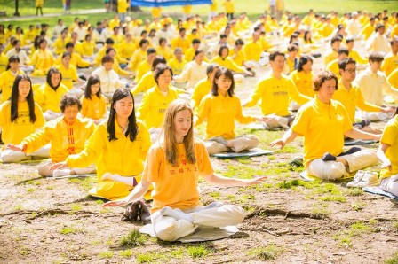 Falun Gong uygulayıcıları 10 Mayıs 2014 tarihinde , Central Park , New York'ta meditasyon yaparken (Fotoğraf: Dai Bing /Epoch Times) 