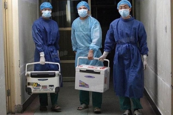 2012 yılında Henan Eyaletindeki bir hastanede organ nakil kutuları ile doktorlar.