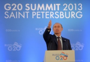 6 Eylül 2013--G20 Liderler Zirvesinde Vladamin Putin konuşma yaparken (Alexey Maishev/Host Photo Agency via Getty Images)