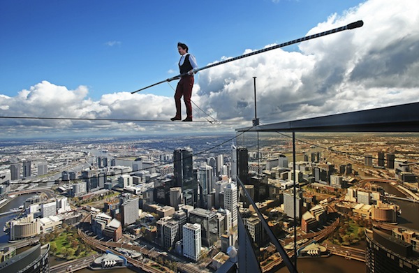 High-wire Artist Kane Petersen Performs Tightrope Walk Over Melbourne CBD