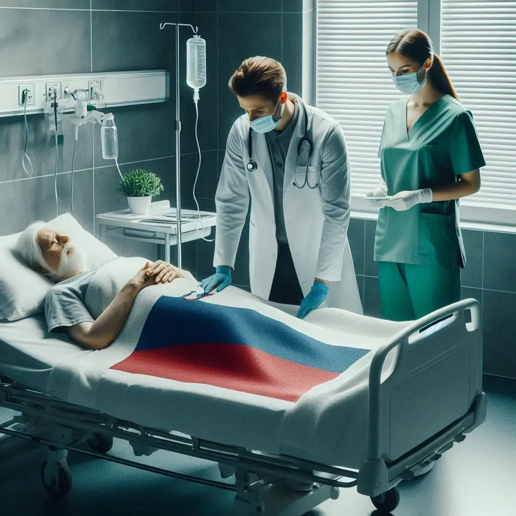 Bir doktor, hastane odasında yaşamını yitiren bir hastanın yanında duruyor; Slovenya, ötenazi yasasını 18 Temmuz 2025’te kabul etti.(Fotoğraf:Yapay Zeka)
