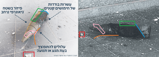 Uluslararası Af Örgütü'nün silah uzmanları, medya tarafından paylaşılan ve İsrail ordusunun İç Cephe Komutanlığı'na atfedilen görüntülerden misket mühimmatlarını tespit etti. (Fotoğraf: Af Örgütü)