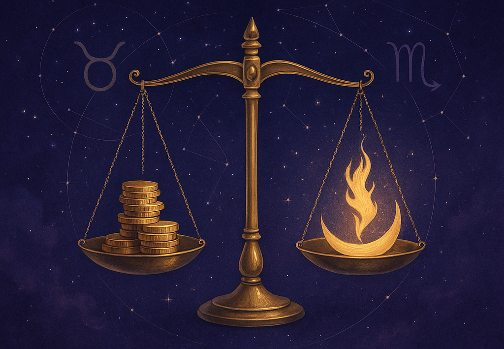 Maddi konfor ve ruhsal dönüşüm simgesi terazi (Görsel yapay zeka ile üretilmiştir.)