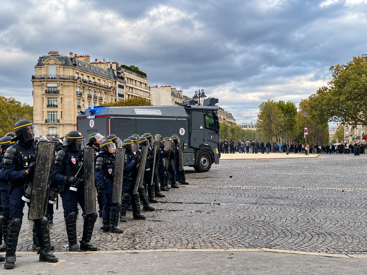 Paris Emniyet Müdürü, bugün yapılacak aşırı sol protestolar öncesinde dükkân sahiplerine özel güvenlik görevlisi tutmalarını tavsiye ederek tepkilere yol açtı. Aşırı sol protestolar sırasında çevik kuvvet polisleri zırhlı bir aracın yanında düzen almış durumda. 13 Ekim 2026, Place Vauban, Paris. (Fotoğraf: Etienne Fauchaire, The Epoch Times)