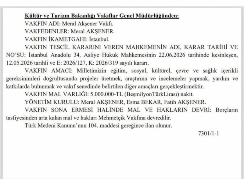 Resmi Gazetede, Kültür ve Turizm Bakanlığı Vakıflar Genel Müdürlüğü tarafından yayımlanan ilan