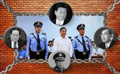 Zhou Yongkang (solda); Xi Jinping (yukarıda); Li Dongsheng (sağda); General Xu Caihou (altta); Eylül 2013’te Bo Xilai’ın infazı (ortada) (Epoch Times / Luis Novares) 